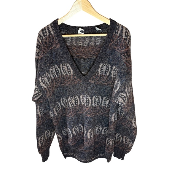Vintage Cosi L'Uomo Shetland Wool V-Neck Sweater Men's Large 80s 90s Black Brown - Picture 1 of 7